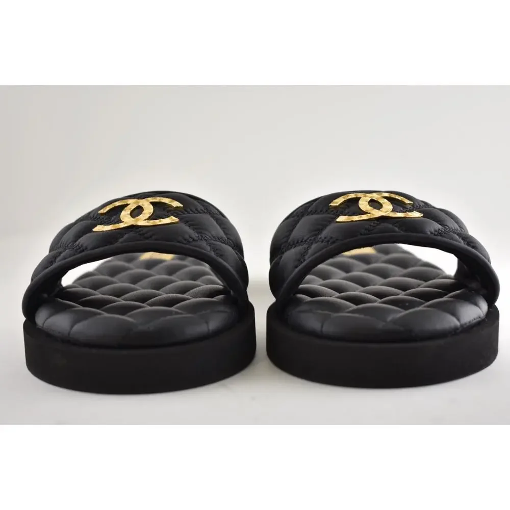Chanel REV Black Quilted Leather Gold Logo Mule Slide Sandal Flip Flop Flat 35